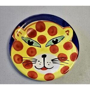 Bellini Piu HAND PAINTED CERAMIC PLATE Whimsical Spotted Cat Italy 8"